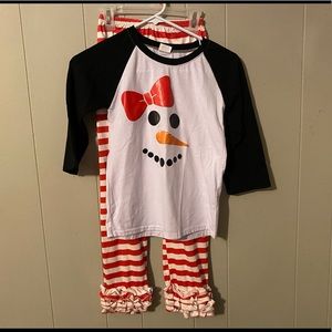 Snowman top with candy cane ruffle pants